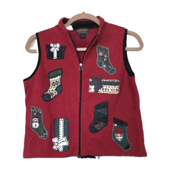 Vtg Woolrich Christmas Sweater Women S Red Patchwork Full Zip Vest Holiday Cotta - Picture 1 of 8